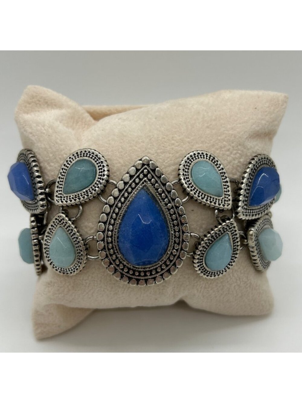 Modernist Teardrop Bracelet Boho Silver-Tone Chunky Blue Glass Southwestern